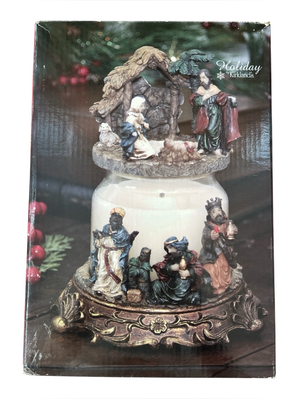 Vintage Kirkland’s Nativity Scene Christmas Candle Holder with Candle